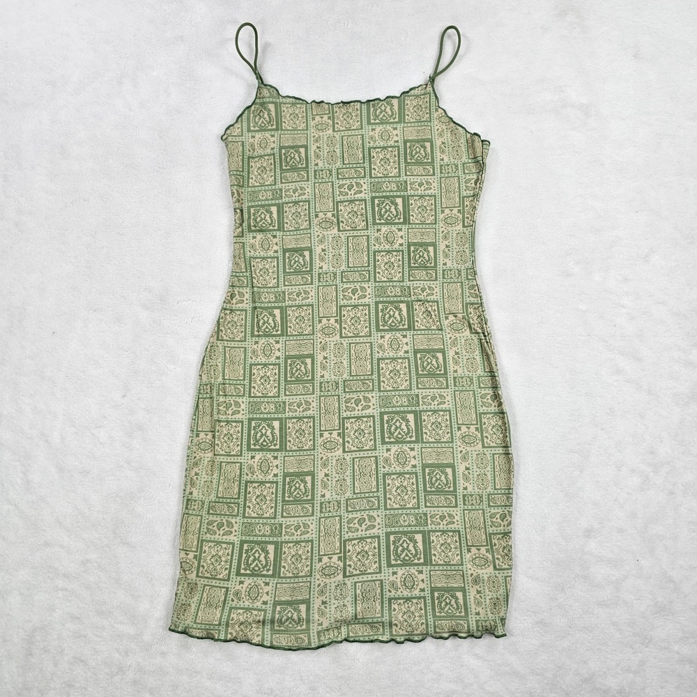 Green Geometric Patchwork Print MiniDress Lettuce Edge Spaghetti Strap Women XS